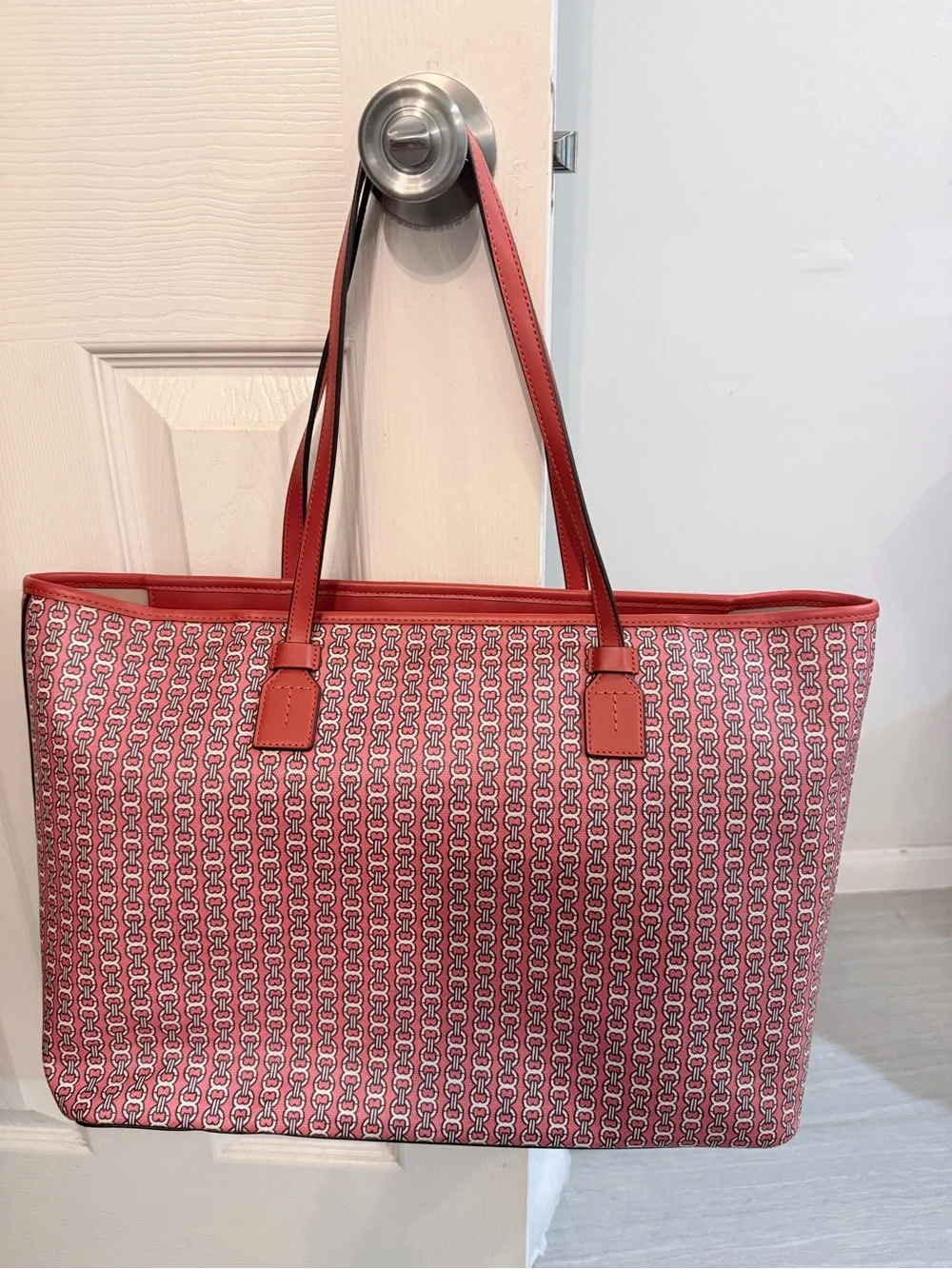 Tory Burch Dark Orange with Maroon and Cream Patterned Stripe Tote